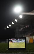 11 August 2020; A laptop is seen on the Oriel Park pitch featuring the WatchLOI streaming service following the Extra.ie FAI Cup First Round match between Dundalk and Waterford FC at Oriel Park in Dundalk, Louth. Photo by Stephen McCarthy/Sportsfile