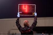 11 August 2020; Fourth official Derek Tomney holds up the board indicating four additional minutes during the Extra.ie FAI Cup First Round match between Dundalk and Waterford FC at Oriel Park in Dundalk, Louth. Photo by Stephen McCarthy/Sportsfile