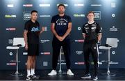 12 August 2020; Zelfa Barrett and Eric Donovan, right, with promoter Eddie Hearn during a press conference at Matchroom Fight Camp in Brentwood, Essex, England, ahead of their IBF Inter-Continental Super Feather Title clash on Friday Night. Photo by Mark Robinson / Matchroom Boxing via Sportsfile