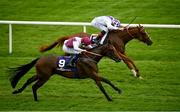 13 August 2020; He Knows No Fear, with Chris Hayes up, left, races past Agitare, who finished second with Kevin Manning up, on their way to winning the Irish Stallion Farms EBF maiden 3 year old plus race at Leopardstown in Dublin and becoming the the longest-price winner in the history of Irish or British racing. Photo by David Fitzgerald/Sportsfile