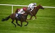 13 August 2020; He Knows No Fear, with Chris Hayes up, left, races past Agitare, who finished second with Kevin Manning up, on their way to winning the Irish Stallion Farms EBF maiden 3 year old plus race at Leopardstown in Dublin and becoming the the longest-price winner in the history of Irish or British racing. Photo by David Fitzgerald/Sportsfile