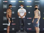 13 August 2020; Boxers Zelfa Barrett, left, and Eric Donovan, in the company of Matchroom Boxing CEO Frank Smith, after weighing in at Matchroom Fight Camp in Brentwood, Essex, England, ahead of their IBF Inter-Continental Super Feather Title clash on Friday Night. Photo by Mark Robinson / Matchroom Boxing via Sportsfile