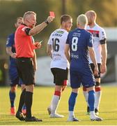 14 August 2020; Ali Coote of Waterford receives a red card from referee Ray Matthews during the SSE Airtricity League Premier Division match between Dundalk and Waterford at Oriel Park in Dundalk, Louth. Photo by Stephen McCarthy/Sportsfile