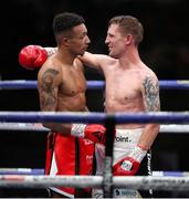 14 August 2020; Eric Donovan, right, and Zelfa Barrett following their IBF Inter-Continental Super Feather Title bout at the Matchroom Fight Camp in Brentwood, England. Photo by Mark Robinson / Matchroom Boxing via Sportsfile