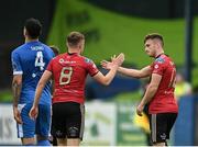 15 August 2020; Danny Grant of Bohemians, right, is congratulated by team-mate JJ Lunney after scoring his side's first goal during the SSE Airtricity League Premier Division match between Finn Harps and Bohemians at Finn Park in Ballybofey, Donegal. Photo by Seb Daly/Sportsfile