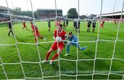 15 August 2020; Ciarán Kilduff of Shelbourne collects the ball ahead of Derry City goalkeeper Peter Cherrie following Shelbourne's equalising goal during the SSE Airtricity League Premier Division match between Shelbourne and Derry City at Tolka Park in Dublin. Photo by Stephen McCarthy/Sportsfile