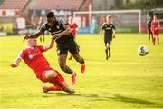 15 August 2020; Ibrahim Meite of Derry City in action against Dan Byrne of Shelbourne during the SSE Airtricity League Premier Division match between Shelbourne and Derry City at Tolka Park in Dublin. Photo by Stephen McCarthy/Sportsfile