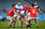 15 August 2020; Tómas Quinn of St Vincent's in action against Brian Berney, left, Conor Doran and Liam Howley of Clontarf during the Dublin County Senior 1 Football Championship Group 3 Round 3 match between Clontarf and St. Vincent's at Parnell Park in Dublin. Photo by Ramsey Cardy/Sportsfile