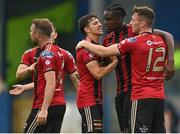 15 August 2020; Danny Grant of Bohemians, right, is congratulated by team-mates Keith Buckley, left, and Andre Wright after scoring his side's first goal during the SSE Airtricity League Premier Division match between Finn Harps and Bohemians at Finn Park in Ballybofey, Donegal. Photo by Seb Daly/Sportsfile