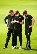 15 August 2020; Derry City manager Declan Devine, left, assistant manager Kevin Deery and Derry City technical director Paddy McCourt, right, prior to the SSE Airtricity League Premier Division match between Shelbourne and Derry City at Tolka Park in Dublin. Photo by Stephen McCarthy/Sportsfile