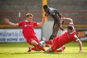 15 August 2020; Ibrahim Meite of Derry City in action against Daniel O'Reilly, left, and Dan Byrne of Shelbourne during the SSE Airtricity League Premier Division match between Shelbourne and Derry City at Tolka Park in Dublin. Photo by Stephen McCarthy/Sportsfile