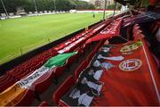 16 August 2020; St Patrick's Athletic flags on seating at Richmond Park prior to the SSE Airtricity League Premier Division match between St Patrick's Athletic and Shamrock Rovers at Richmond Park in Dublin. Photo by Stephen McCarthy/Sportsfile