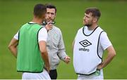 16 August 2020; Shamrock Rovers manager Stephen Bradley with Graham Burke, left, and Jack Byrne prior to the SSE Airtricity League Premier Division match between St Patrick's Athletic and Shamrock Rovers at Richmond Park in Dublin. Photo by Stephen McCarthy/Sportsfile