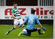 16 August 2020; Aaron Greene of Shamrock Rovers has a shot on goal on St Patrick's Athletic goalkeeper Brendan Clarke during the SSE Airtricity League Premier Division match between St Patrick's Athletic and Shamrock Rovers at Richmond Park in Dublin. Photo by Stephen McCarthy/Sportsfile