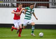 16 August 2020; Aaron Greene of Shamrock Rovers in action against Ian Bermingham of St Patrick's Athletic during the SSE Airtricity League Premier Division match between St Patrick's Athletic and Shamrock Rovers at Richmond Park in Dublin. Photo by Stephen McCarthy/Sportsfile