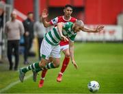 16 August 2020; Joey O'Brien of Shamrock Rovers is tackled by Shane Griffin of St Patrick's Athletic during the SSE Airtricity League Premier Division match between St Patrick's Athletic and Shamrock Rovers at Richmond Park in Dublin. Photo by Stephen McCarthy/Sportsfile