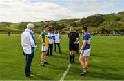 16 August 2020; Referee Enda McFeely with team captains Mark McAteer of Glenswilly, left, and Matthew McClean of Kilcar during the coin toss prior to the Donegal County Senior Football Championship Round 1 match between Kilcar and Glenswilly at Towney Park in Kilcar, Donegal. Photo by Seb Daly/Sportsfile