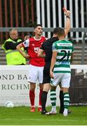16 August 2020; Shane Griffin of St Patrick's Athletic receives a red card from referee Paul McLaughlin during the SSE Airtricity League Premier Division match between St Patrick's Athletic and Shamrock Rovers at Richmond Park in Dublin. Photo by Stephen McCarthy/Sportsfile