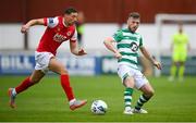 16 August 2020; Jack Byrne of Shamrock Rovers in action against Jordan Gibson of St Patrick's Athletic during the SSE Airtricity League Premier Division match between St Patrick's Athletic and Shamrock Rovers at Richmond Park in Dublin. Photo by Stephen McCarthy/Sportsfile
