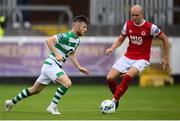 16 August 2020; Jack Byrne of Shamrock Rovers in action against Georgie Kelly of St Patrick's Athletic during the SSE Airtricity League Premier Division match between St Patrick's Athletic and Shamrock Rovers at Richmond Park in Dublin. Photo by Stephen McCarthy/Sportsfile