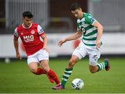 16 August 2020; Neil Farrugia of Shamrock Rovers in action against Dan Ward of St Patrick's Athletic during the SSE Airtricity League Premier Division match between St Patrick's Athletic and Shamrock Rovers at Richmond Park in Dublin. Photo by Stephen McCarthy/Sportsfile