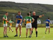 16 August 2020; Referee Enda McFeely shows a black card to Shaun Gallagher of Glenswilly during the Donegal County Senior Football Championship Round 1 match between Kilcar and Glenswilly at Towney Park in Kilcar, Donegal. Photo by Seb Daly/Sportsfile