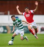 16 August 2020; Jack Byrne of Shamrock Rovers in action against Jordan Gibson of St Patrick's Athletic during the SSE Airtricity League Premier Division match between St Patrick's Athletic and Shamrock Rovers at Richmond Park in Dublin. Photo by Stephen McCarthy/Sportsfile