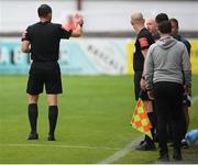 16 August 2020; Referee Paul McLaughlin issues a red card to St Patrick's Athletic head coach Stephen O'Donnell during the SSE Airtricity League Premier Division match between St Patrick's Athletic and Shamrock Rovers at Richmond Park in Dublin. Photo by Stephen McCarthy/Sportsfile