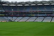 16 August 2020; An empty pitch at Croke Park Stadium at the throw-in time of 3.30pm on the original scheduled date of the 2020 GAA Hurling All-Ireland Senior Championship Final. Due to current restrictions laid down by the Irish government to prevent the spread of coronavirus, the dates for the staging of the GAA inter-county season have been pushed back, with the first round of games now due to start in October. The 2020 All-Ireland Senior Hurling Championship was due to be the 133rd staging of the All-Ireland Senior Hurling Championship, the Gaelic Athletic Association's premier inter-county hurling tournament, since its establishment in 1887. For the first time in 96 years the All-Ireland hurling final is now due to be played in December with the 2020 final due on Sunday, December 13th, the same weekend on which Dublin beat Galway in the 1924 final. Photo by Brendan Moran/Sportsfile
