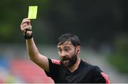 16 August 2020; Referee Paul McLaughlin issues a yellow card during the SSE Airtricity League Premier Division match between St Patrick's Athletic and Shamrock Rovers at Richmond Park in Dublin. Photo by Stephen McCarthy/Sportsfile