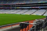16 August 2020; The view from behind team management seats at 4.58pm in an empty Croke Park Stadium on the original scheduled date of the 2020 GAA Hurling All-Ireland Senior Championship Final. Due to current restrictions laid down by the Irish government to prevent the spread of coronavirus, the dates for the staging of the GAA inter-county season have been pushed back, with the first round of games now due to start in October. The 2020 All-Ireland Senior Hurling Championship was due to be the 133rd staging of the All-Ireland Senior Hurling Championship, the Gaelic Athletic Association's premier inter-county hurling tournament, since its establishment in 1887. For the first time in 96 years the All-Ireland hurling final is now due to be played in December with the 2020 final due on Sunday, December 13th, the same weekend on which Dublin beat Galway in the 1924 final. Photo by Brendan Moran/Sportsfile