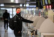 18 August 2020; Dane Massey checks in at Dublin Airport as the Dundalk squad depart for their UEFA Champions League First Qualifying Round match against NK Celja in Budapest, Hungary. Photo by Stephen McCarthy/Sportsfile