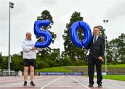18 August 2020; Professor Martin White, consultant neonatologist at the Coombe Women and Infants’ University Hospital, right, and Frank Greally, who fifty years ago today set a 10,000 metres National Junior record of 30:17 at the launch of 'Gratitude Road', a walk from Ballyhaunis in Mayo, via the Coombe Women & Infants University Hospital, to The Morton Stadium, Santry in Dublin. Photo by Eóin Noonan/Sportsfile