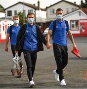 18 August 2020; Waterford players Tyreke Wilson and Robbie McCourt arrive holding hands prior to the SSE Airtricity League Premier Division match between Sligo Rovers and Waterford at The Showgrounds in Sligo. Photo by Harry Murphy/Sportsfile