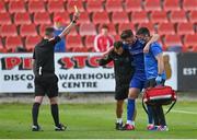 18 August 2020; Sam Bone of Waterford is shown a yellow card by referee Damien MacGraith as he is helped from the pitch during the SSE Airtricity League Premier Division match between Sligo Rovers and Waterford at The Showgrounds in Sligo. Photo by Harry Murphy/Sportsfile