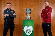 19 August 2020; Killester Donnycarney manager Gary Howlett, left, and club captain Mick Kelly with the FAI New Balance Intermediate Cup during a media day at FAI Headquarters in Abbotstown, Dublin, ahead of the FAI New Balance Intermediate Final which takes place on Saturday August 22 at Tallaght Stadium. Photo by Seb Daly/Sportsfile