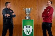19 August 2020; Killester Donnycarney manager Gary Howlett, left, and club captain Mick Kelly with the FAI New Balance Intermediate Cup during a media day at FAI Headquarters in Abbotstown, Dublin, ahead of the FAI New Balance Intermediate Final which takes place on Saturday August 22nd at Tallaght Stadium. Photo by Seb Daly/Sportsfile