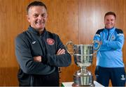 19 August 2020; Killester Donnycarney manager Gary Howlett, left, and St Mochta's manager Brian McCarthy with the FAI New Balance Intermediate Cup during a media day at FAI Headquarters in Abbotstown, Dublin, ahead of the FAI New Balance Intermediate Final which takes place on Saturday August 22nd at Tallaght Stadium. Photo by Seb Daly/Sportsfile