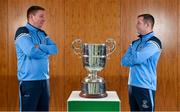 19 August 2020; St Mochta's manager Brian McCarthy, left, and club captain Karl Somers with the FAI New Balance Intermediate Cup during a media day at FAI Headquarters in Abbotstown, Dublin, ahead of the FAI New Balance Intermediate Final which takes place on Saturday August 22nd at Tallaght Stadium. Photo by Seb Daly/Sportsfile