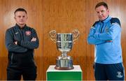 19 August 2020; Killester Donnycarney manager Gary Howlett, left, and St Mochta's manager Brian McCarthy with the FAI New Balance Intermediate Cup during a media day at FAI Headquarters in Abbotstown, Dublin, ahead of the FAI New Balance Intermediate Final which takes place on Saturday August 22nd at Tallaght Stadium. Photo by Seb Daly/Sportsfile