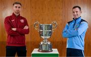 19 August 2020; Killester Donnycarney club captain Mick Kelly, left, and St Mochta's club captain Karl Somers with the FAI New Balance Intermediate Cup during a media day at FAI Headquarters in Abbotstown, Dublin, ahead of the FAI New Balance Intermediate Final which takes place on Saturday August 22nd at Tallaght Stadium. Photo by Seb Daly/Sportsfile