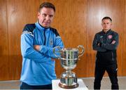 19 August 2020; St Mochta's manager Brian McCarthy, left, and Killester Donnycarney manager Gary Howlett with the FAI New Balance Intermediate Cup during a media day at FAI Headquarters in Abbotstown, Dublin, ahead of the FAI New Balance Intermediate Final which takes place on Saturday August 22nd at Tallaght Stadium. Photo by Seb Daly/Sportsfile