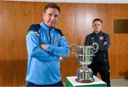 19 August 2020; St Mochta's manager Brian McCarthy, left, and Killester Donnycarney manager Gary Howlett with the FAI New Balance Intermediate Cup during a media day at FAI Headquarters in Abbotstown, Dublin, ahead of the FAI New Balance Intermediate Final which takes place on Saturday August 22nd at Tallaght Stadium. Photo by Seb Daly/Sportsfile
