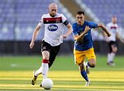 19 August 2020; Chris Shields of Dundalk in action against Dario Vizinger of NK Celja during the UEFA Champions League First Qualifying Round match between NK Celja and Dundalk at Ferenc Szusza Stadion in Budapest, Hungary. Photo by Vid Ponikvar/Sportsfile