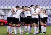 19 August 2020; Dundalk players in a huddle prior to the UEFA Champions League First Qualifying Round match between NK Celja and Dundalk at Ferenc Szusza Stadion in Budapest, Hungary. Photo by Vid Ponikvar/Sportsfile