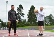 18 August 2020; Mayo coach James Burke, left, and Frank Greally, who fifty years ago today set a 10,000 metres National Junior record of 30:17 at the launch of 'Gratitude Road', a walk from Ballyhaunis in Mayo, via the Coombe Women & Infants University Hospital, to The Morton Stadium, Santry in Dublin. Photo by Eóin Noonan/Sportsfile