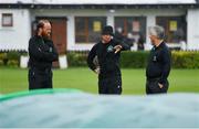 20 August 2020; Umpires Aidan Seaver, left, and Paul Reynolds, right, in conversation with groundsman Dale McDonough prior to the 2020 Test Triangle Inter-Provincial Series match between Leinster Lightning and Munster Reds at Pembroke Cricket Club in Dublin. Photo by Seb Daly/Sportsfile
