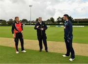 20 August 2020; Match referee Kevin Gallagher with team captain Jack Tector of Munster Reds, left, and Andrew Balbirnie of Leinster Lightning during the coin toss prior to the 2020 Test Triangle Inter-Provincial Series match between Leinster Lightning and Munster Reds at Pembroke Cricket Club in Dublin. Photo by Seb Daly/Sportsfile