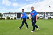 20 August 2020; Leinster Lightning captain Andrew Balbirnie, left, and Josh Little during the 2020 Test Triangle Inter-Provincial Series match between Leinster Lightning and Munster Reds at Pembroke Cricket Club in Dublin. Photo by Seb Daly/Sportsfile