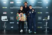 20 August 2020; Katie Taylor, left, and Delfine Persoon pose with promoter Eddie Hearn during the Final Press Conference at Matchroom Fight Camp in Brentwood, Essex, England, in advance of their Undisputed Lightweight Titles fight on Saturday night. Photo by Mark Robinson / Matchroom Boxing via Sportsfile
